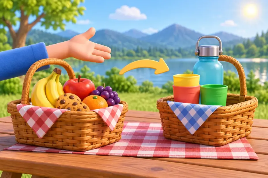 Two baskets sit on a table as a hand points from snacks to drinks, illustrating a topic shift with as for.