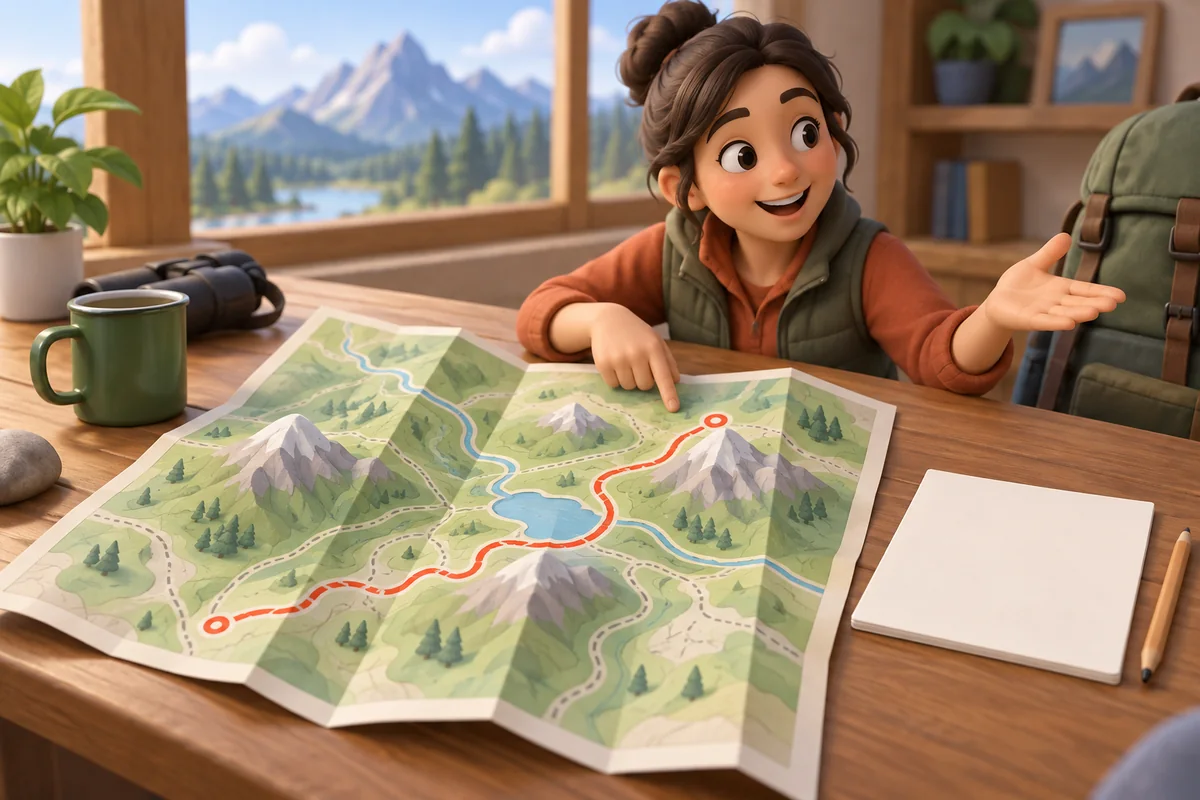 A clear route map shows a highlighted path while a separate note card marks the topic of route choice.