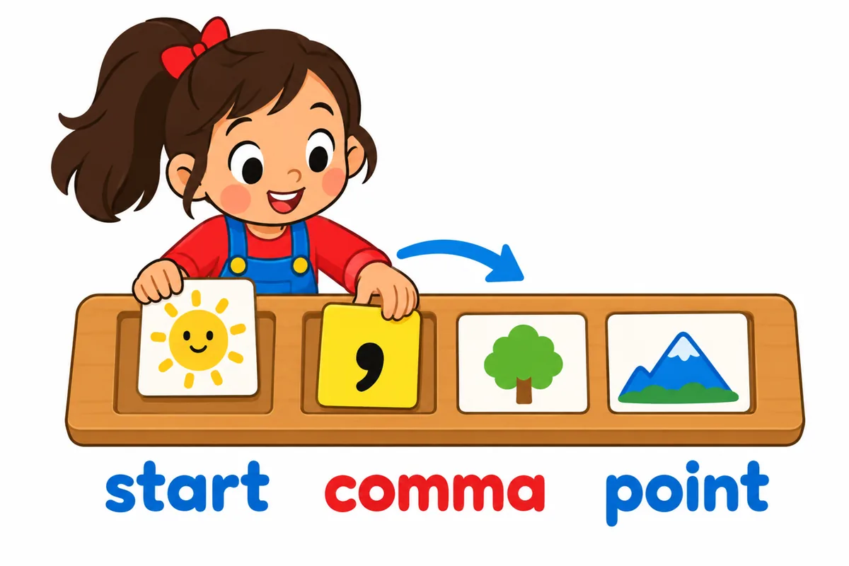 A cartoon child places a speech-bubble card at the start of a sentence board, then adds a clear comma mark before the main clause.