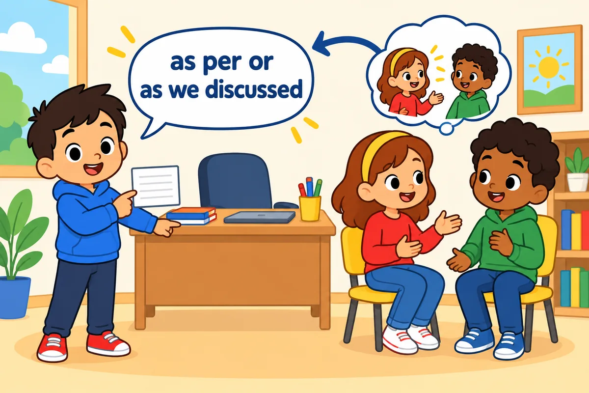 A single cartoon scene contrasts a formal note card with a friendly spoken reminder between two children.
