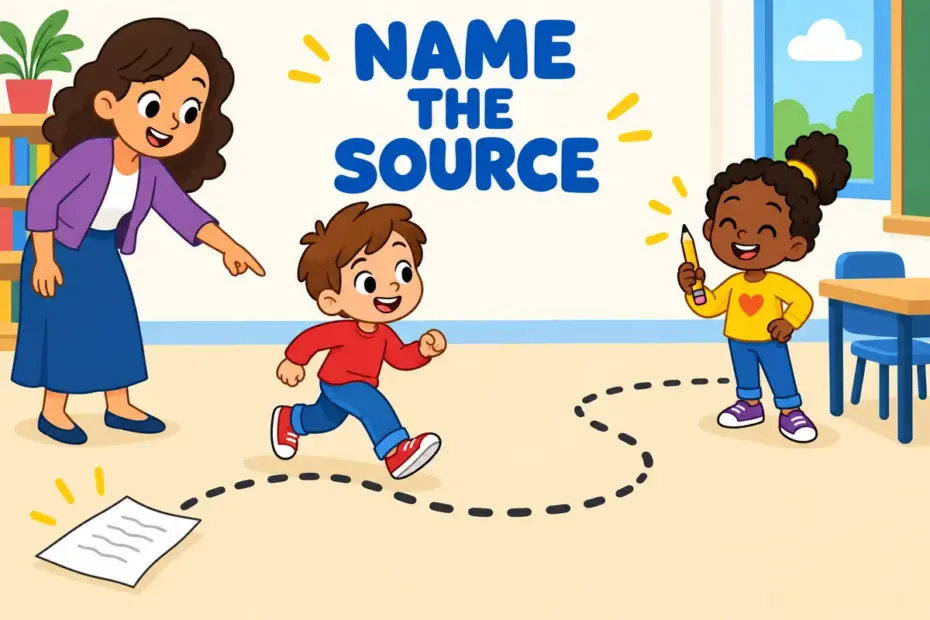 Cartoon pupils trace a drifting paper back to a hand, showing ascribe in a sentence as naming where something came from.