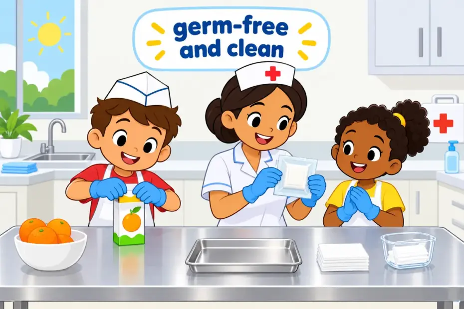 Cartoon children in a bright kitchen pack juice cartons beside a nurse, showing aseptic in a sentence as germ-free handling.