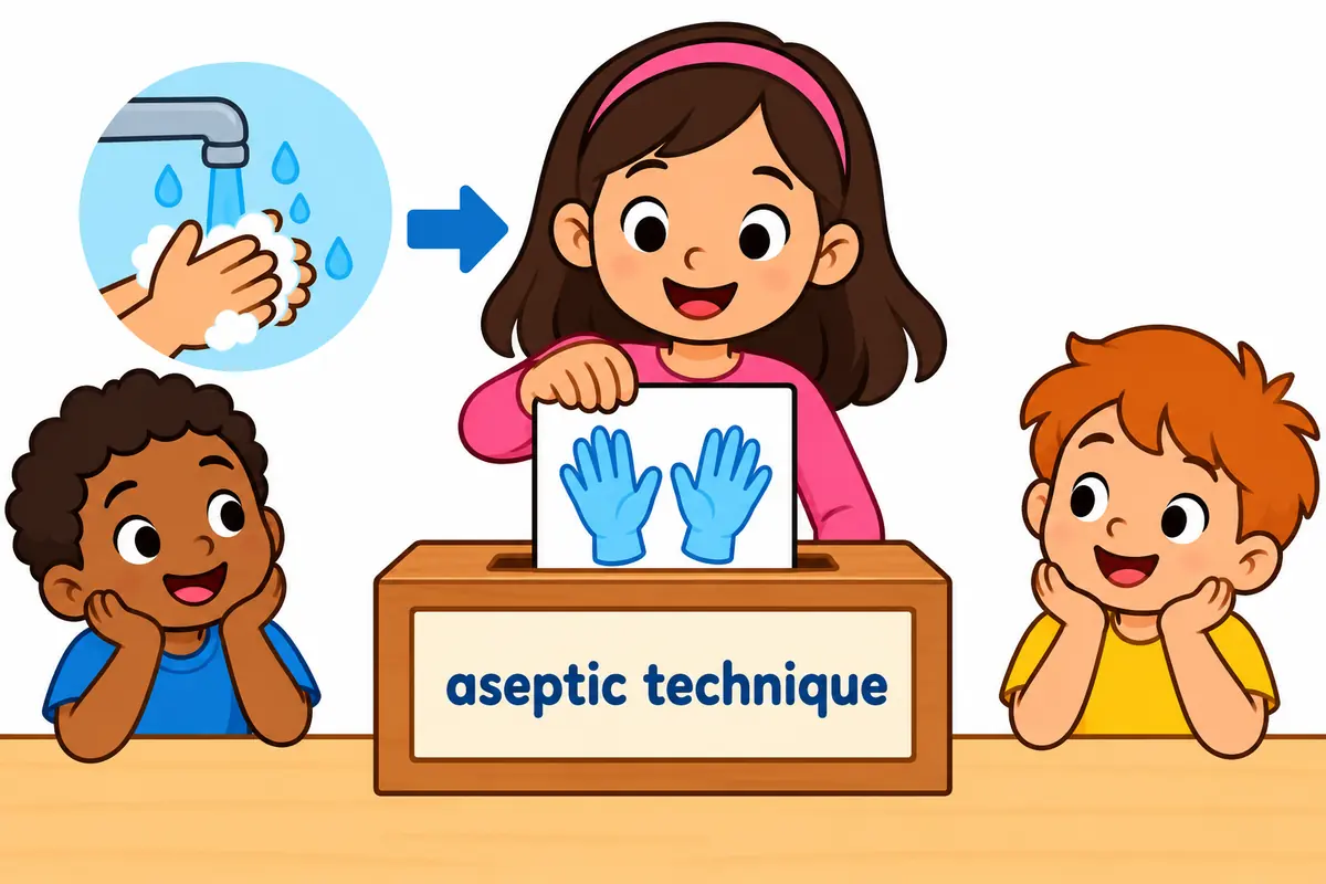 A cartoon child slots a clean-handling card into a frame labelled by a picture, showing the aseptic pattern.
