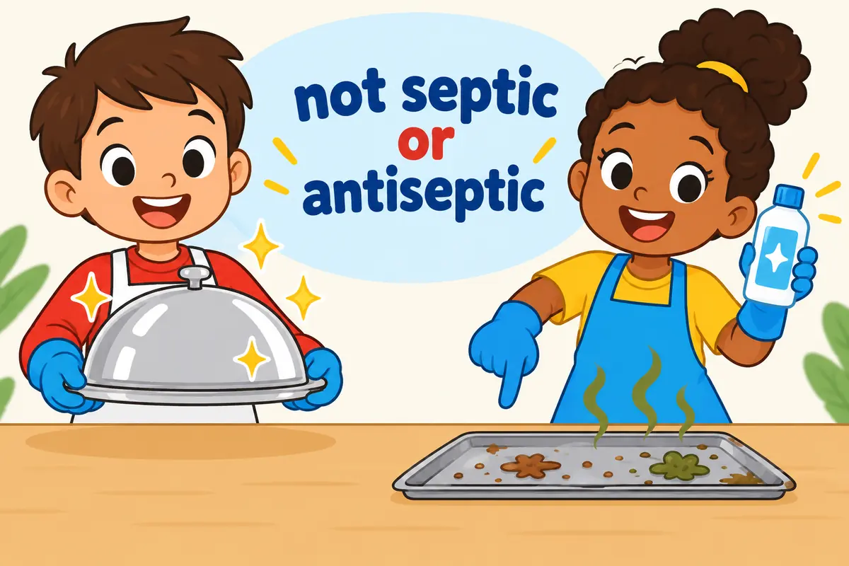 A single cartoon scene contrasts a spotless clean tray with a grubby tray and a bottle of germ-killing solution.