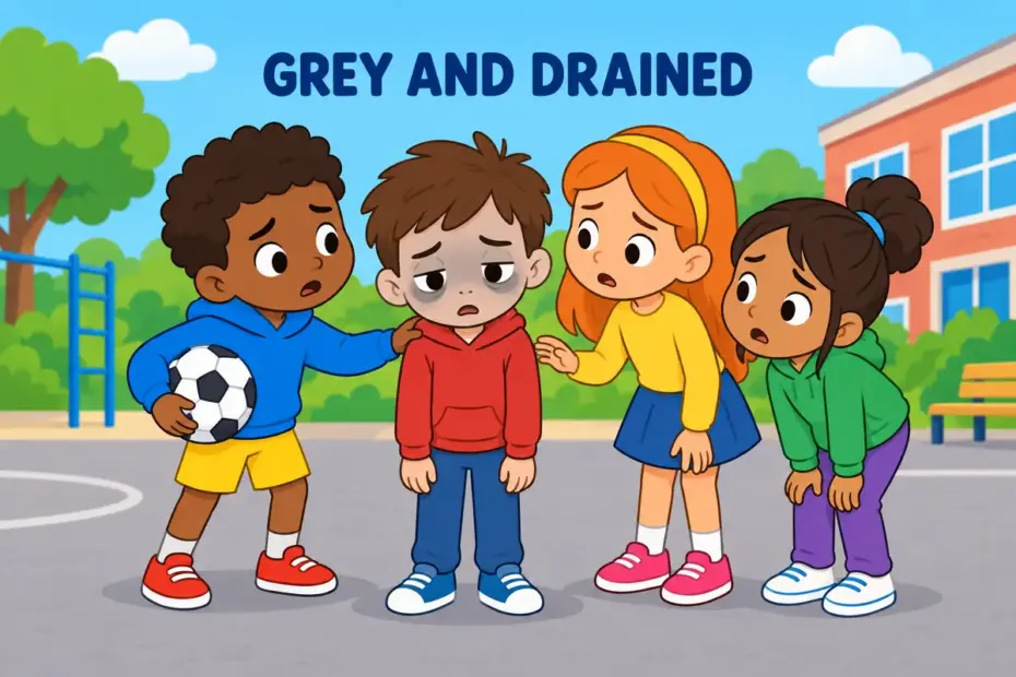 A surprised cartoon child with a grey, drained face is surrounded by friends, illustrating ashen in a sentence.