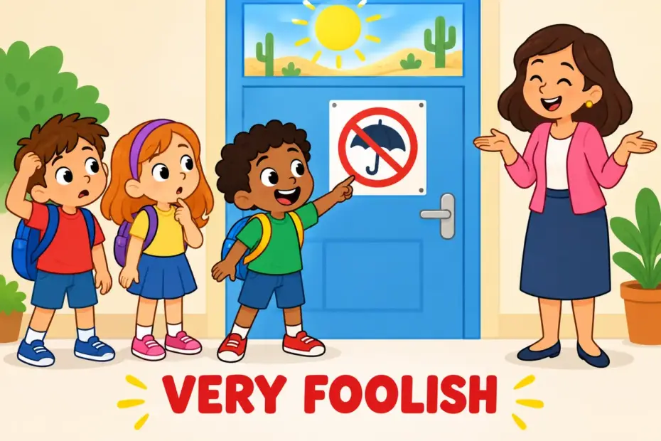 Cartoon children stare at a silly rule posted on a school door, showing asinine in a sentence as an extremely foolish idea.