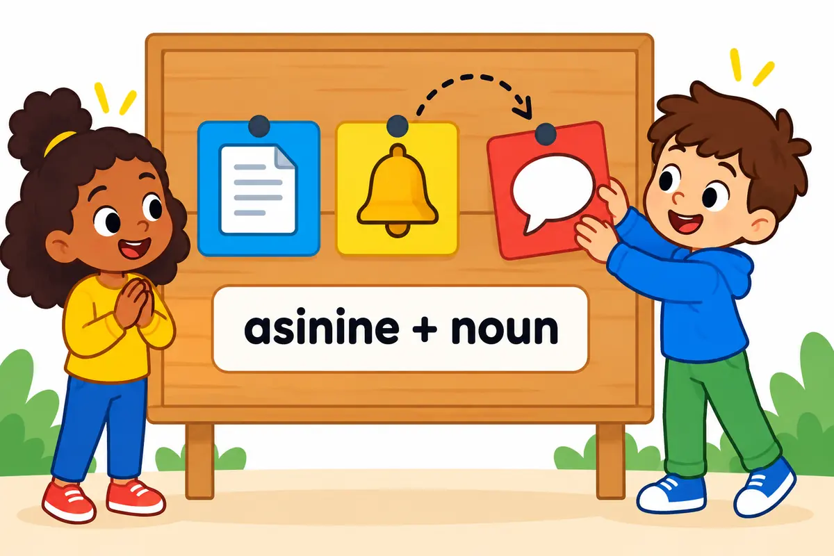 A cartoon child snaps a magnetic card onto a board, showing that the adjective asinine must attach to a noun.