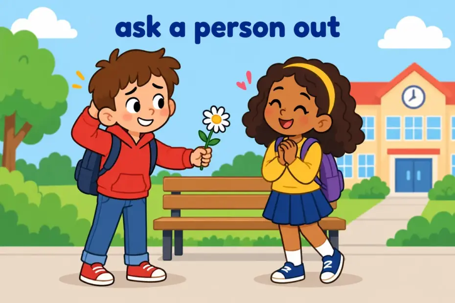 Cartoon boy offers a flower to a smiling classmate, showing ask out in a sentence as inviting someone on a date.