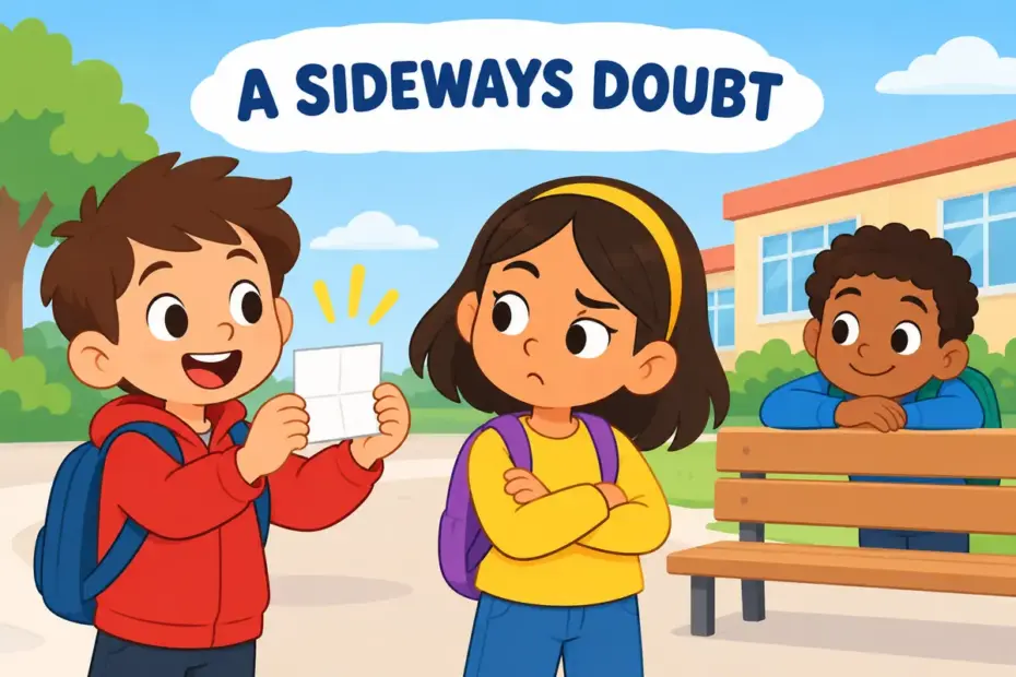 A cartoon child looks sideways with a raised eyebrow at a classmate, showing askance in a sentence as a doubtful glance.