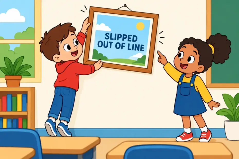 Cartoon classroom shows a boy straightening a frame that hangs askew, illustrating askew in a sentence as a tilt.