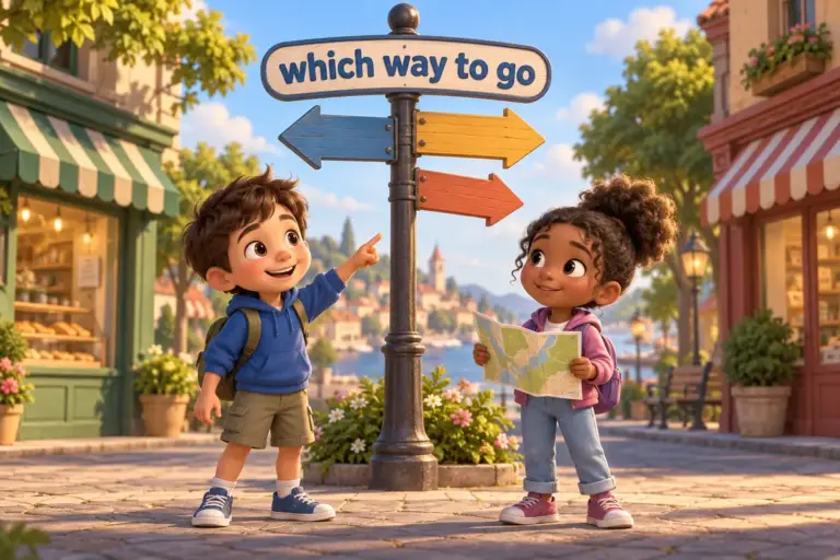Cartoon children practise asking and giving directions at a street corner, one pointing to a signpost while a friend listens.