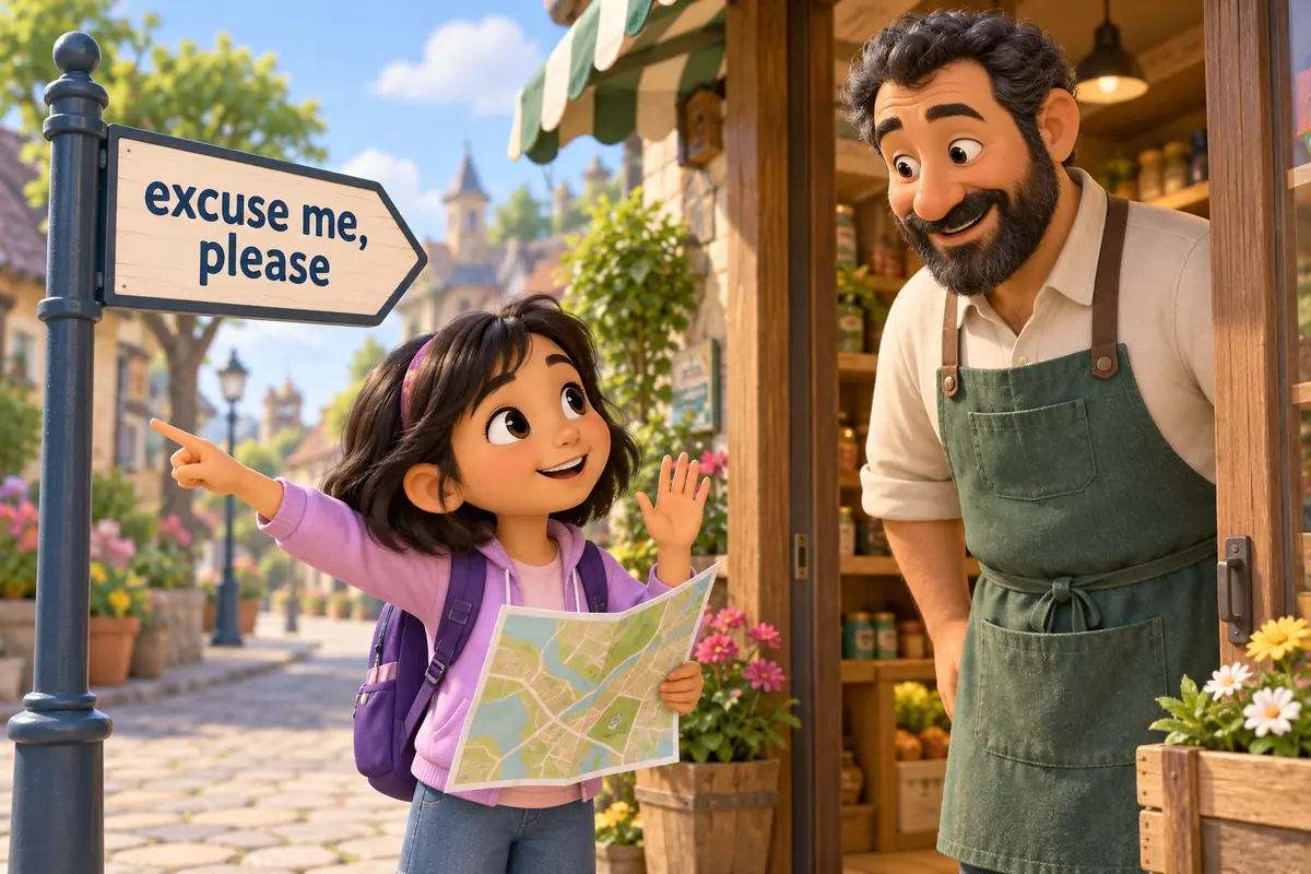 A cartoon child asks a friendly shopkeeper for directions while pointing to a street sign.