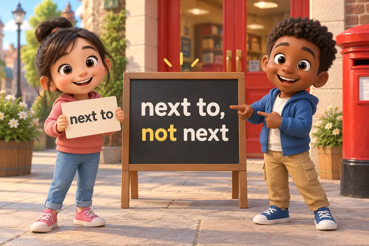 A cartoon child corrects a sign that says next the while another holds a card reading next to.