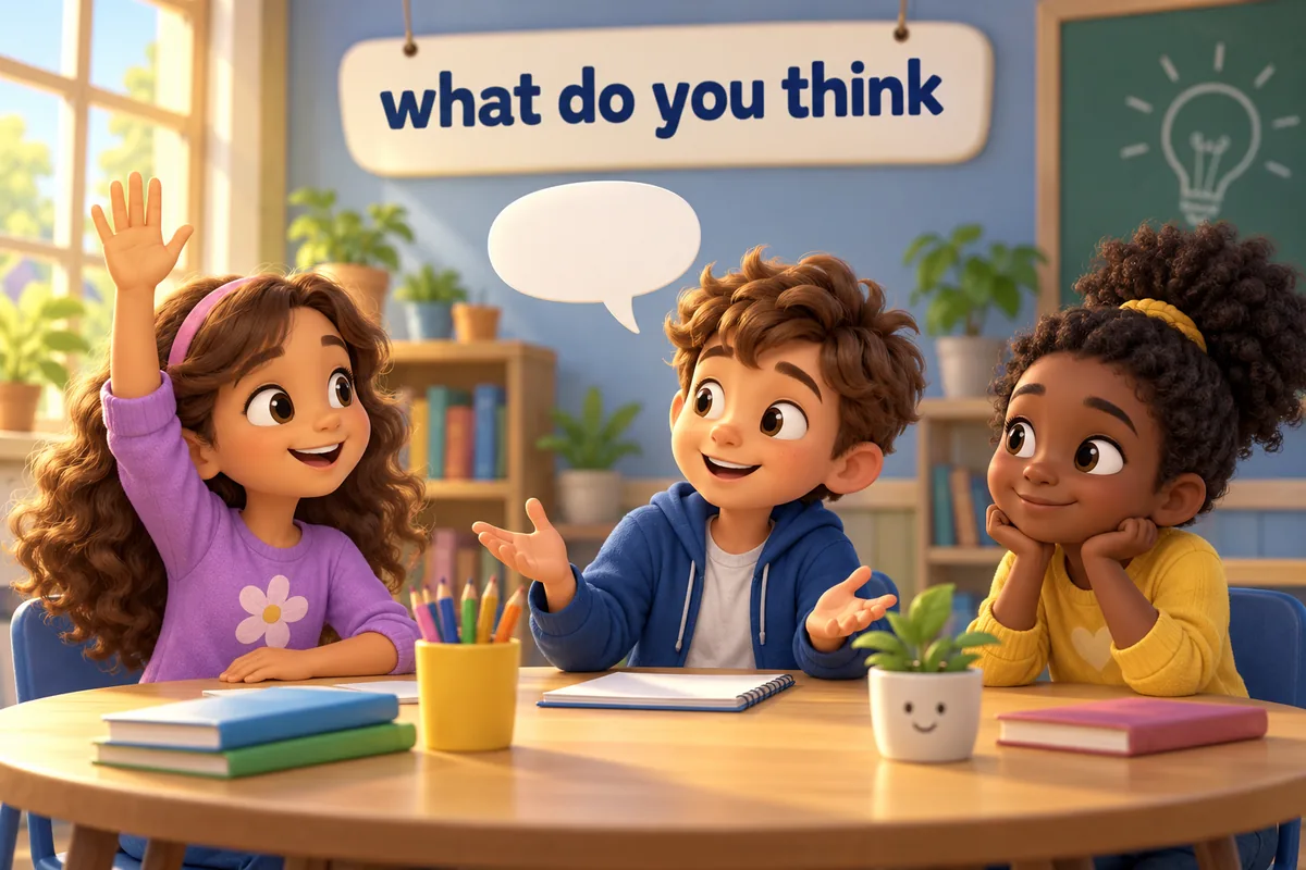 Cartoon children practise asking and giving opinions around a table, one raising a hand while a friend answers calmly.
