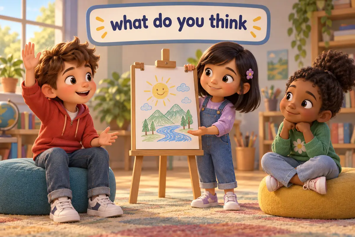 A cartoon child raises a hand to ask a friend what she thinks about a drawing on an easel.