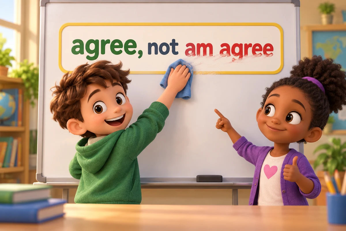 A cartoon child changes the words am agree to agree on a whiteboard beside a friend.