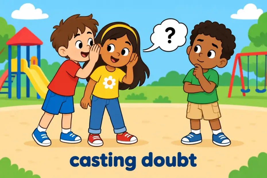 Children watch a whisper travel toward a puzzled classmate, showing aspersion in a sentence as an unproven charge.