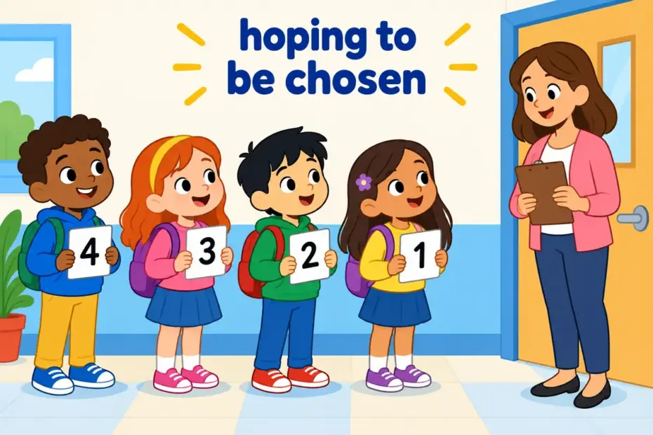 Cartoon children with numbered cards wait in line outside a school door, showing aspirant in a sentence as a person hoping to be chosen.