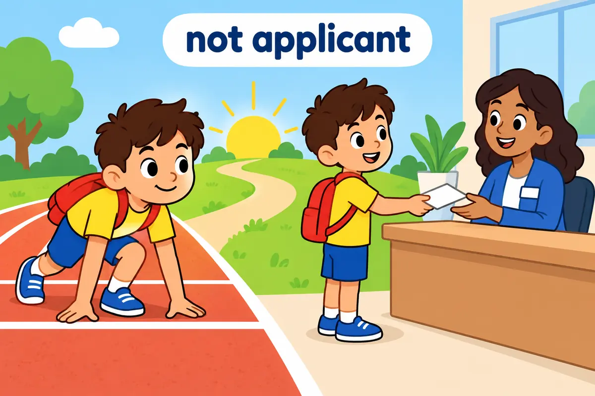 A hopeful child waits at a starting line beside someone handing in a form, distinguishing aspirant from applicant.
