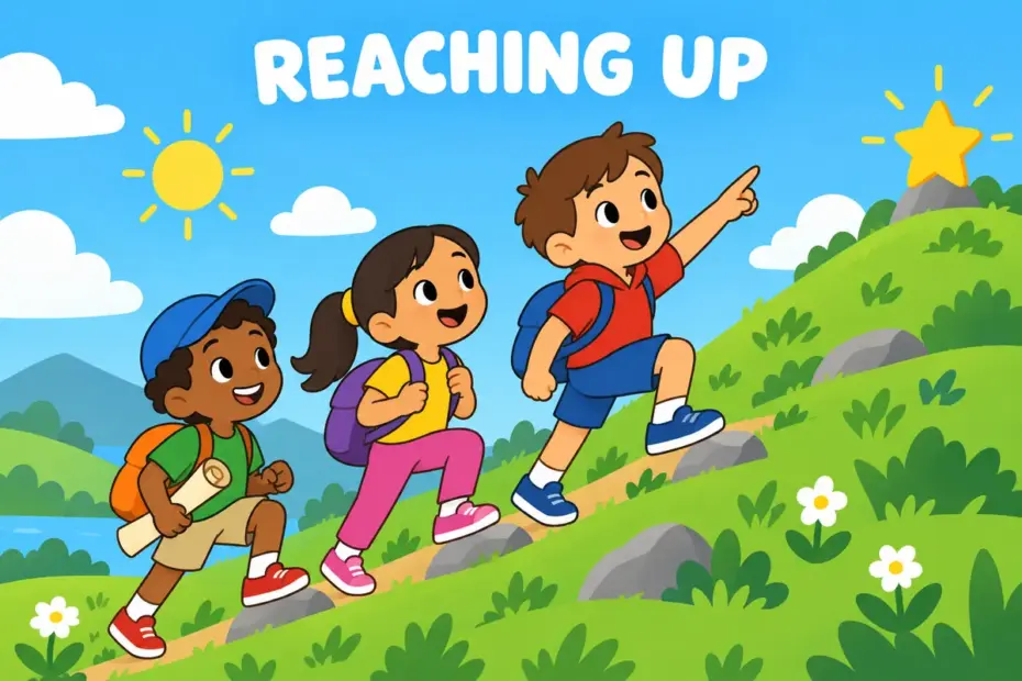 Cartoon children climb a gentle hill toward a star marker, showing aspire in a sentence as aiming at a future goal.