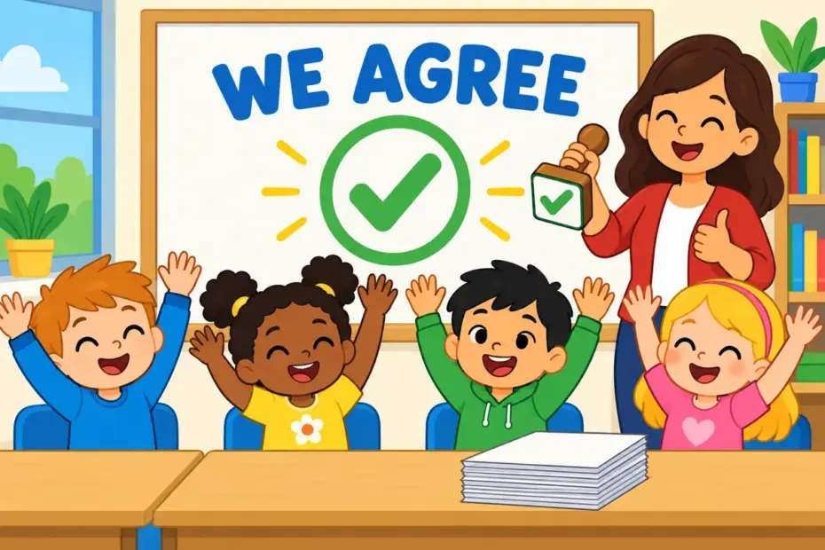 Cartoon pupils raise their hands to approve a class plan, showing assent in a sentence as formal agreement.