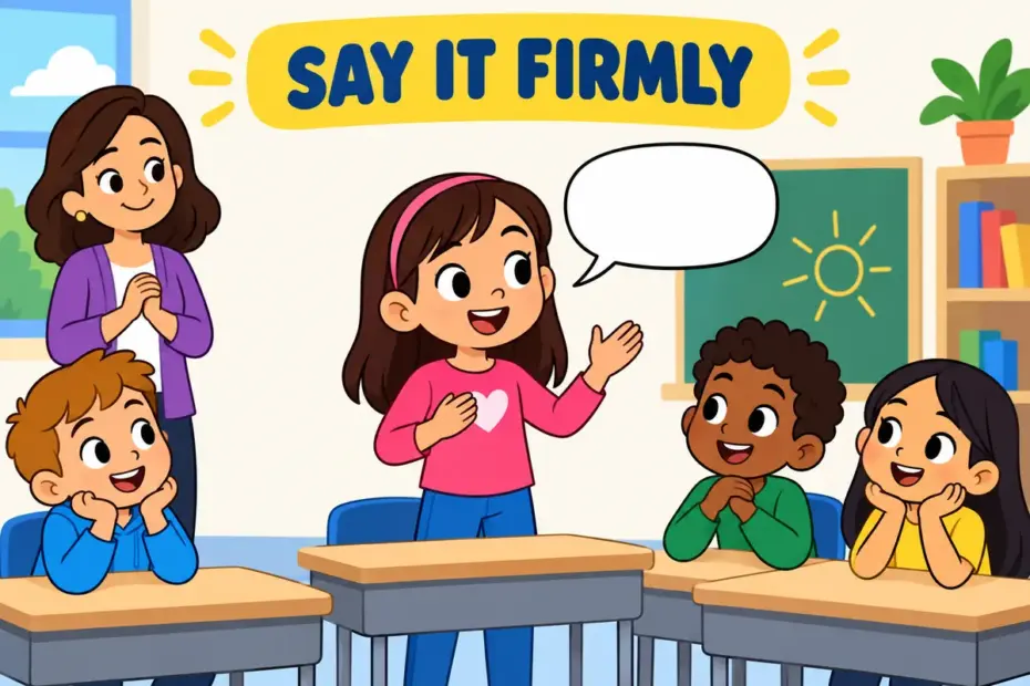 A cartoon pupil stands and states a point with a steady hand while classmates listen, showing assert in a sentence as a confident claim.