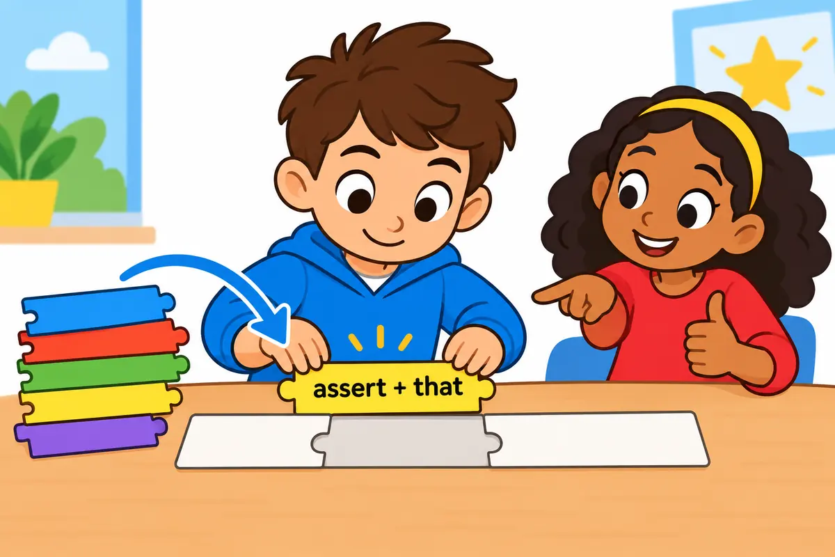 A cartoon child snaps a that-clause puzzle piece into a sentence strip after the verb assert, showing the pattern assert that.