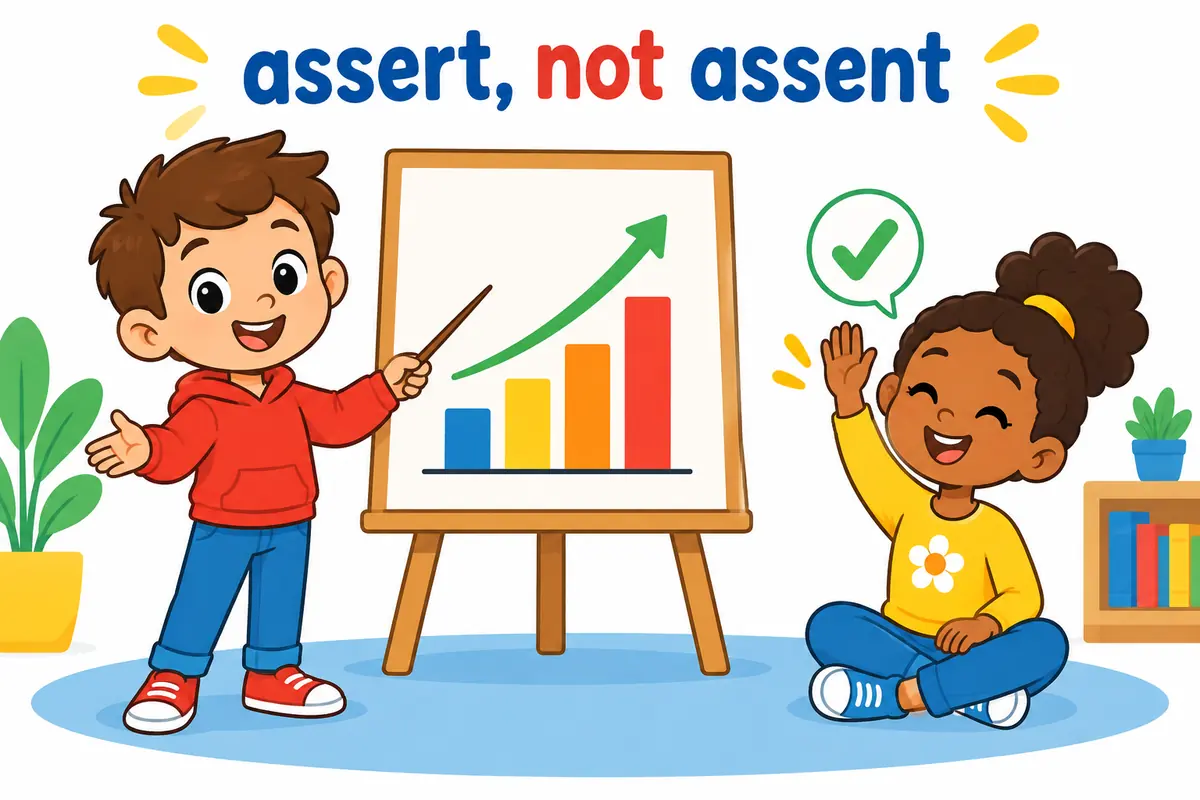A cartoon single scene contrasts a child stating a point on one side with a child nodding in agreement on the other.