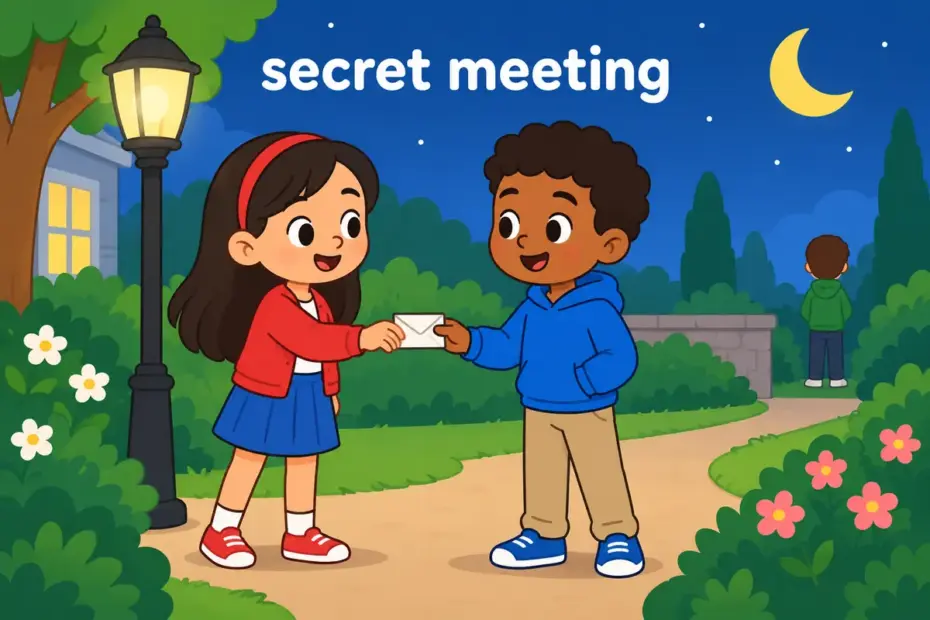 Cartoon figures exchange a folded note by moonlight, showing assignation in a sentence as a secret meeting.