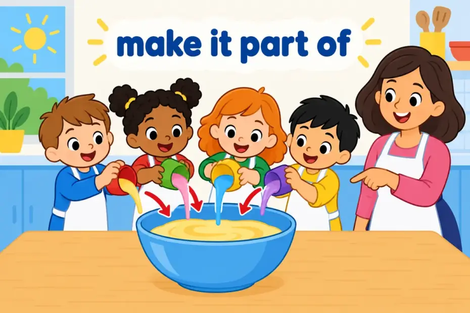 Cartoon children pour small cups of batter into one large mixing bowl, showing assimilate in a sentence as taking something into a whole.