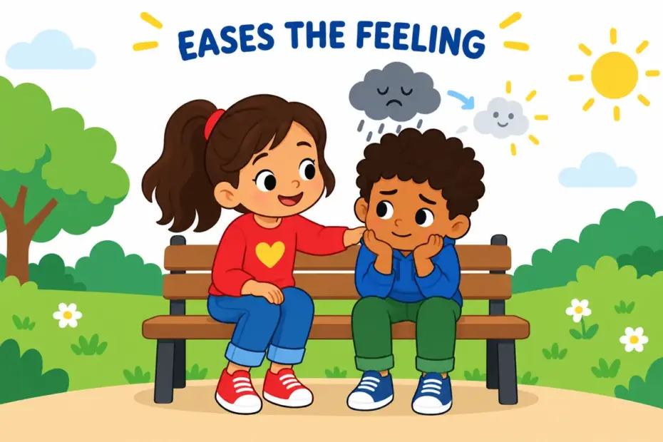 A cartoon child rests a hand on a friend&rsquo;s shoulder, showing assuage in a sentence as easing a painful feeling.