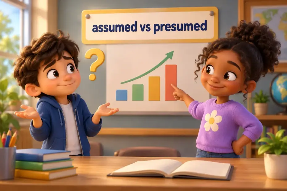 Cartoon children compare an assumed guess and a presumed conclusion as assumed vs presumed on a wall chart.