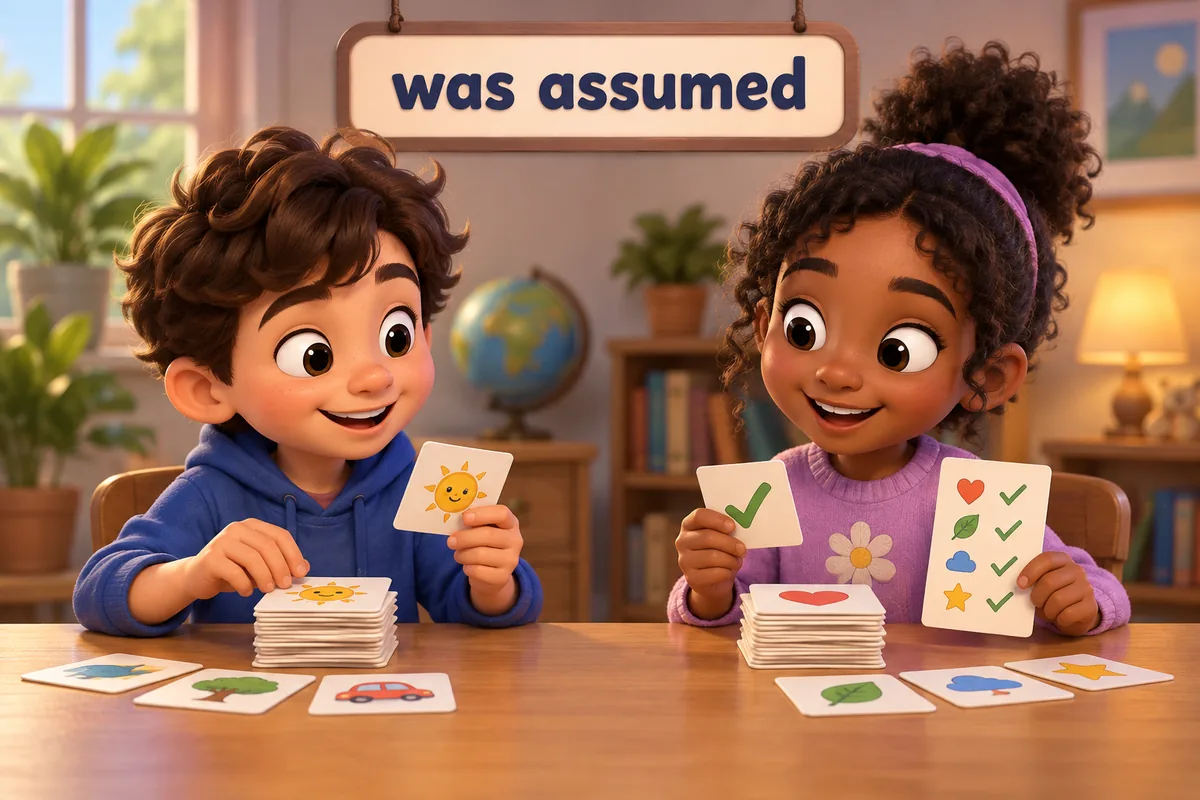 Two cartoon children test a sentence pattern on a small board, placing a verb before each word.