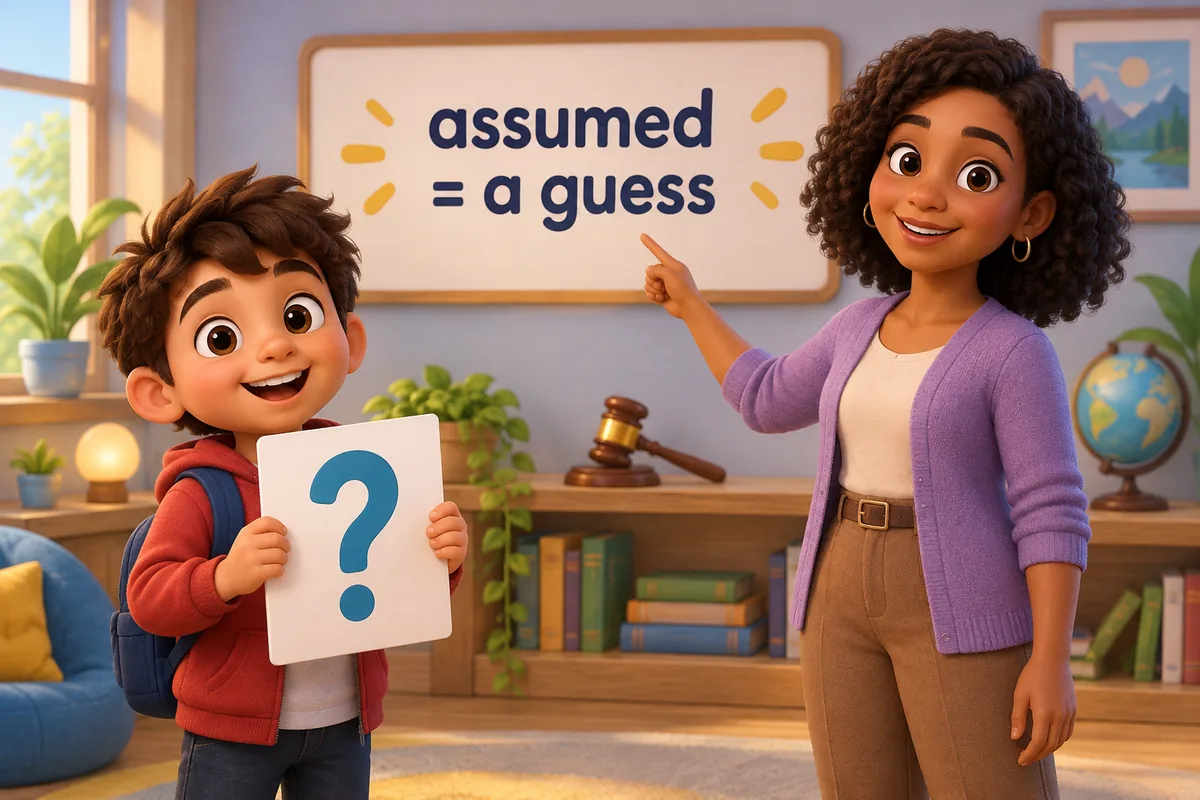 A cartoon teacher gently corrects a card that labels a plain guess as presumed.