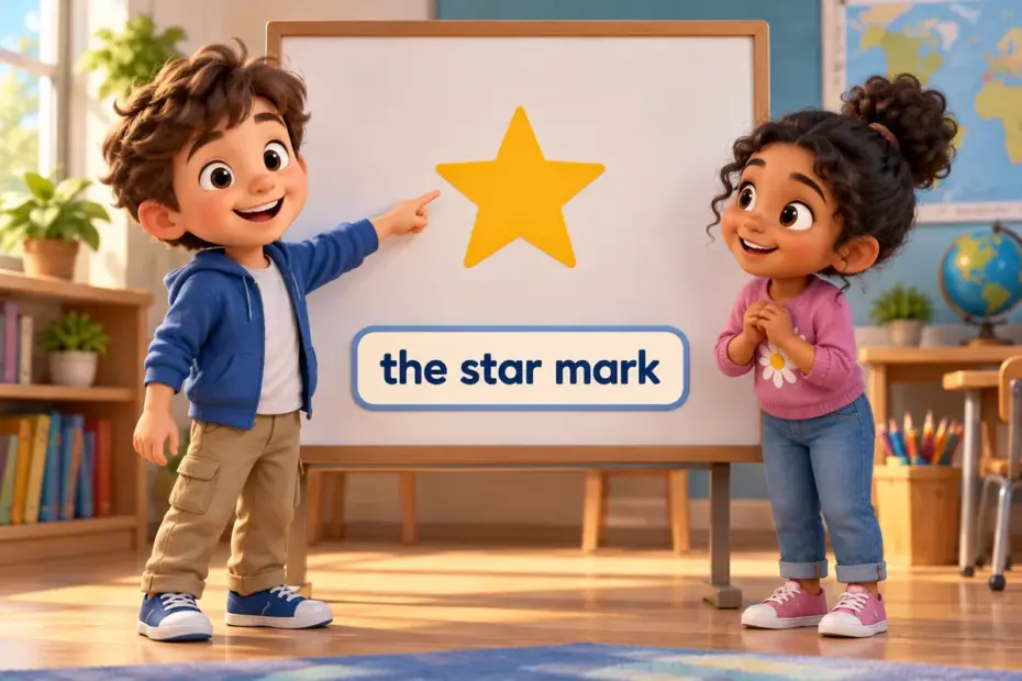 Cartoon children study asterisk rules uses and examples on a board, pointing to a star mark beside a footnote.