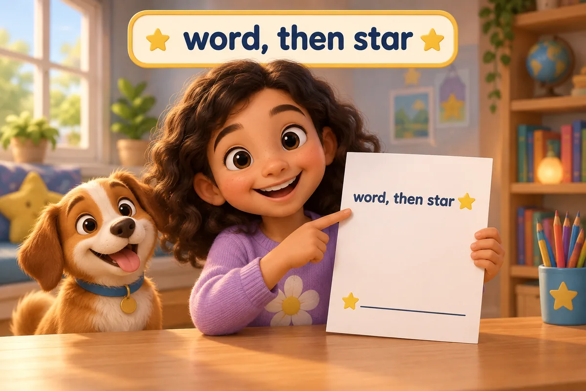 A cartoon child points to a star mark placed right after a word on a printed page above a footnote.
