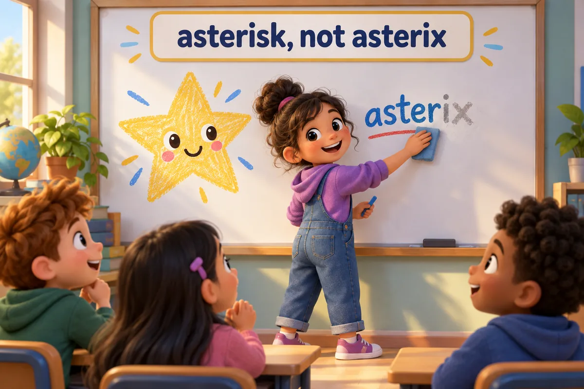 A cartoon child corrects the misspelling asterix to asterisk on a whiteboard beside a large star.