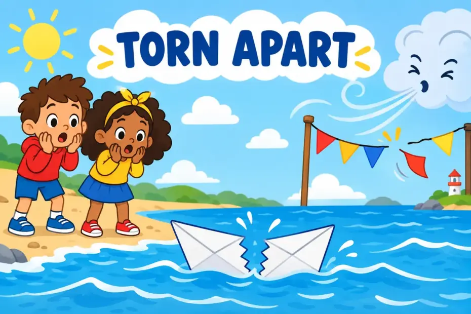 A cartoon paper boat splits into two halves in the wind, showing asunder in a sentence as something torn apart.