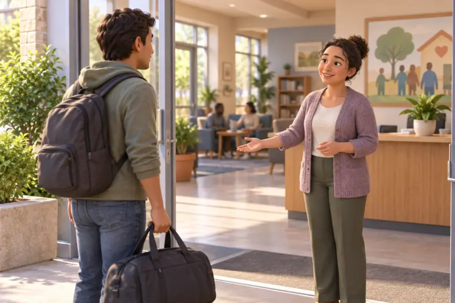 A traveler receives a calm welcome at a community reception center.