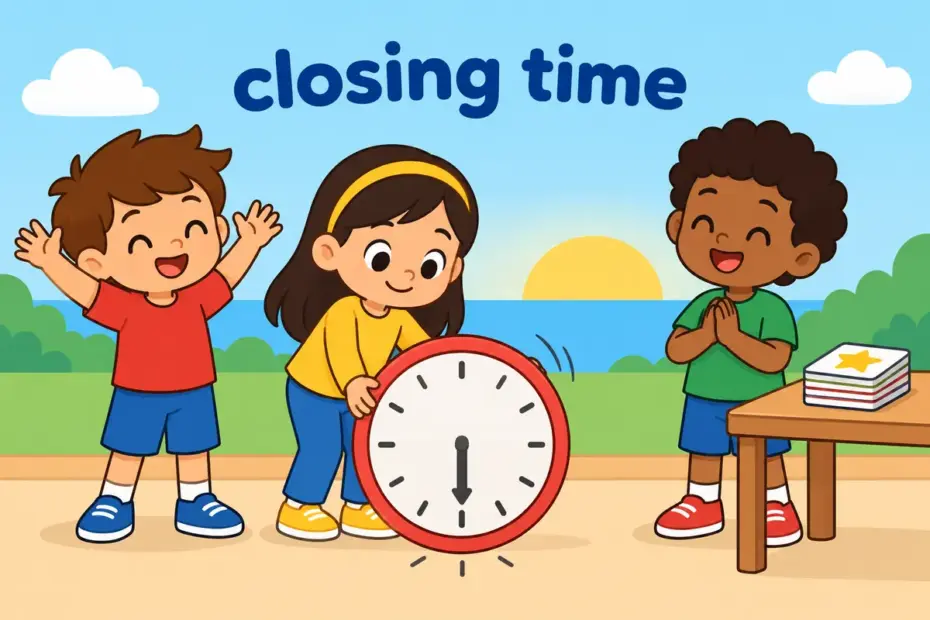 Cartoon pupils lower a sun-shaped clock and gather around one short summary card, showing at the end of the day in a sentence.
