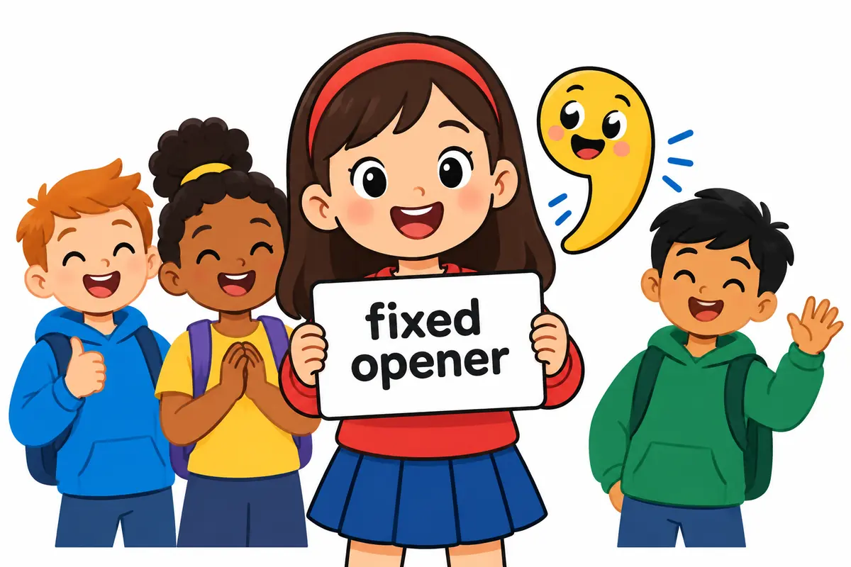 A cartoon child holds a small sign at the front of a row of pupils, with a soft comma shape floating just after the sign.
