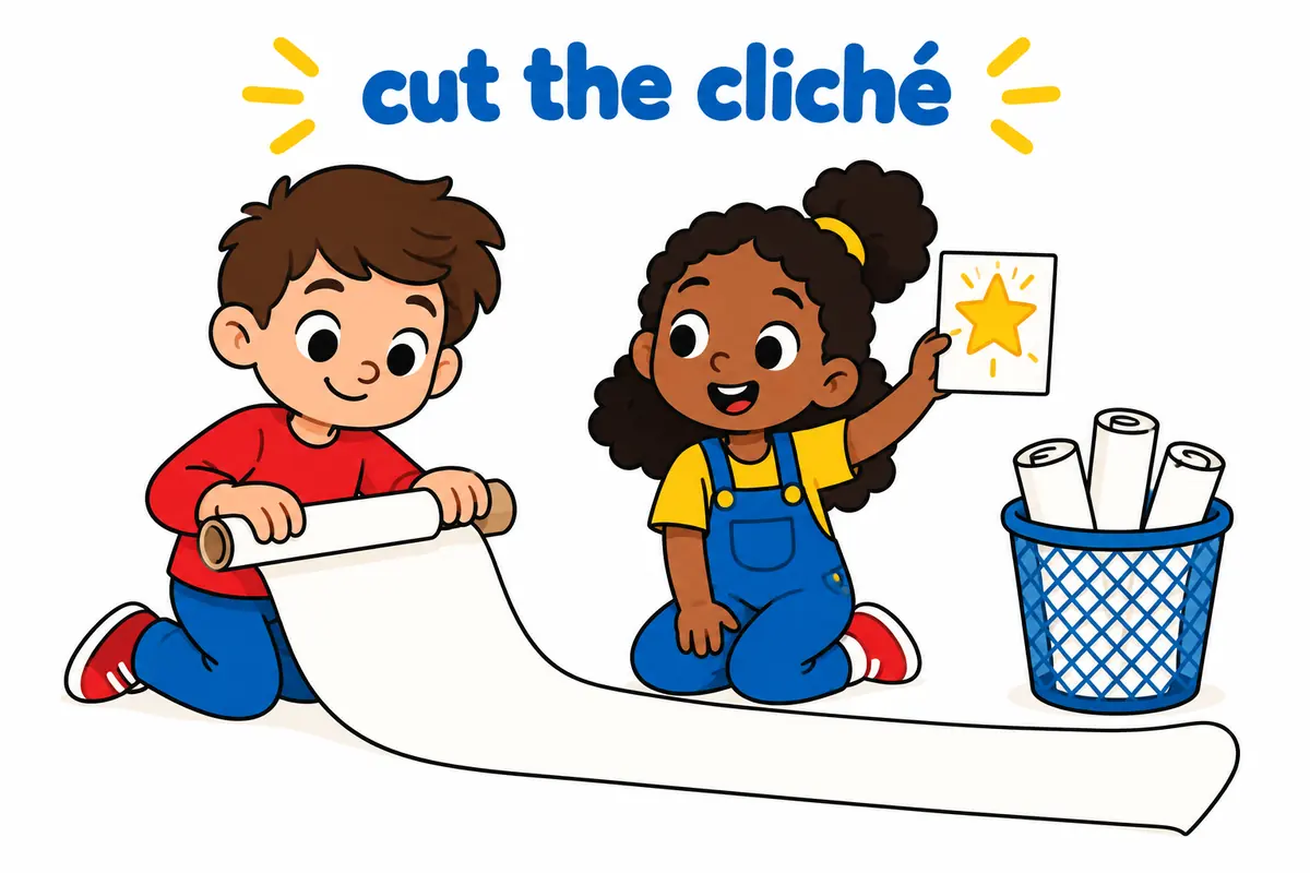 A cartoon child rolls up a long banner while a friend holds up a single short card in its place.