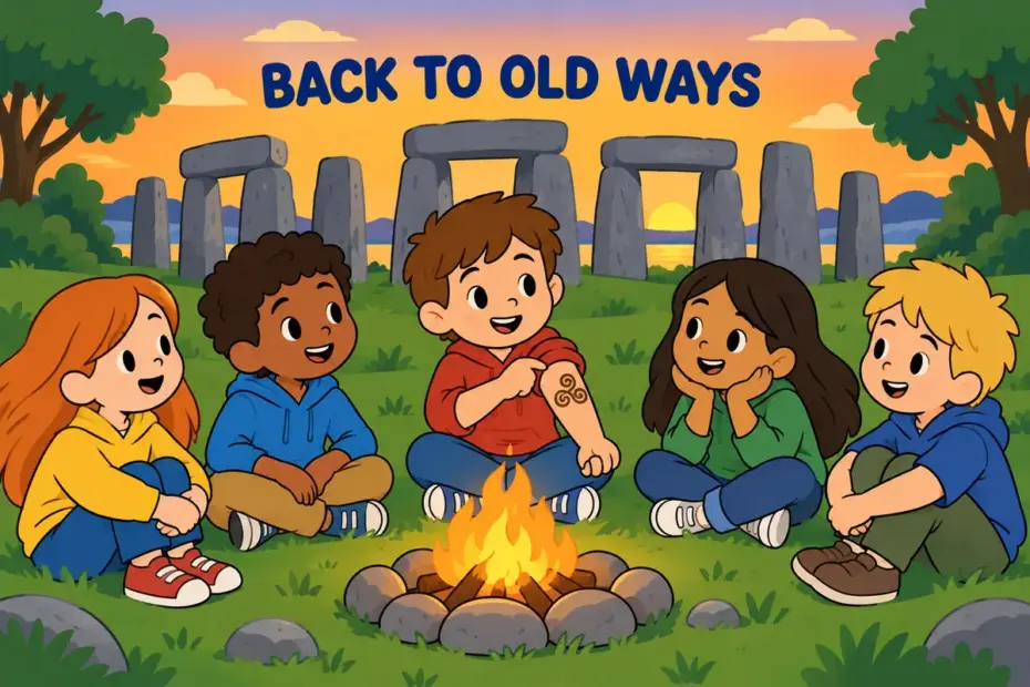 Cartoon children gather around a fire as one child shows an old family marking, illustrating atavistic in a sentence.