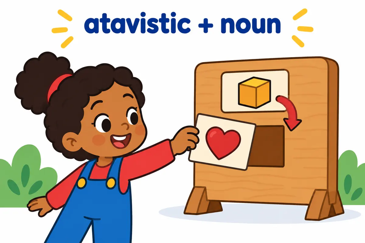 A cartoon child places a noun card beside the word atavistic on a board, showing the pattern atavistic plus noun.