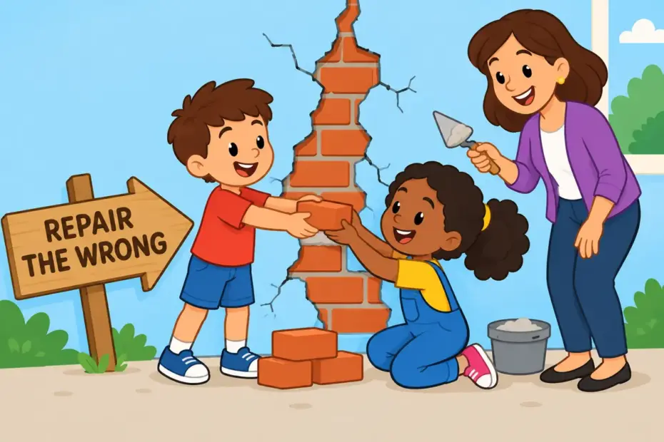 Cartoon pupils rebuild a cracked classroom wall together, illustrating atone in a sentence as deliberate repair.