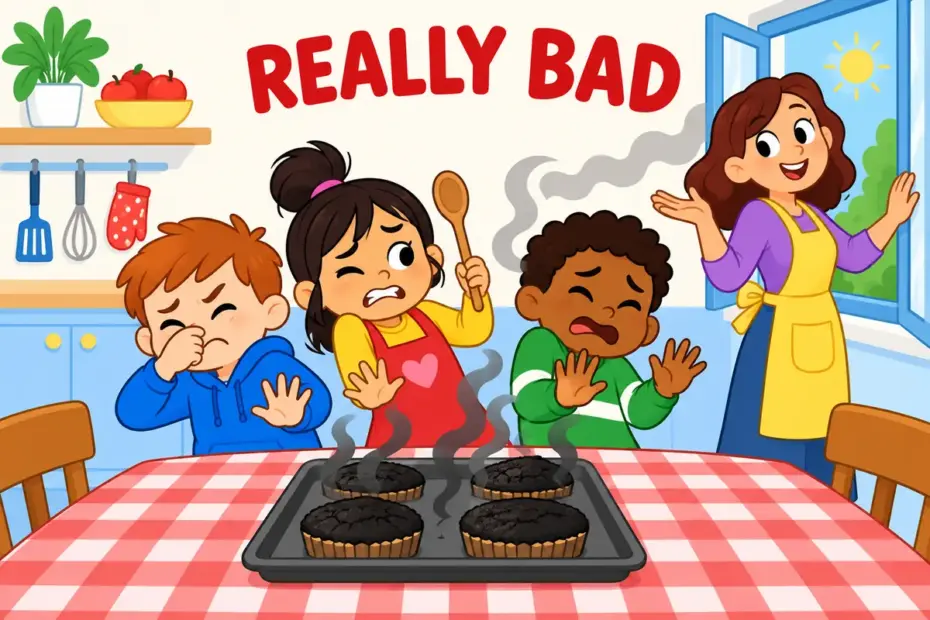 Cartoon children pinch their noses over a burnt tray of cakes, illustrating atrocious in a sentence as extremely bad.