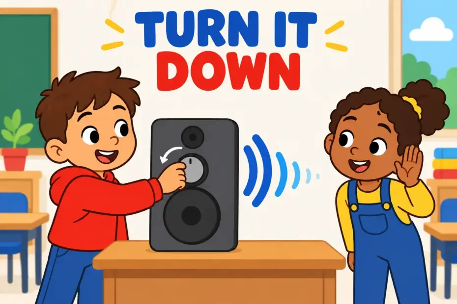 Cartoon child turns down a speaker volume dial while sound waves shrink, showing attenuate in a sentence as weakening a signal.