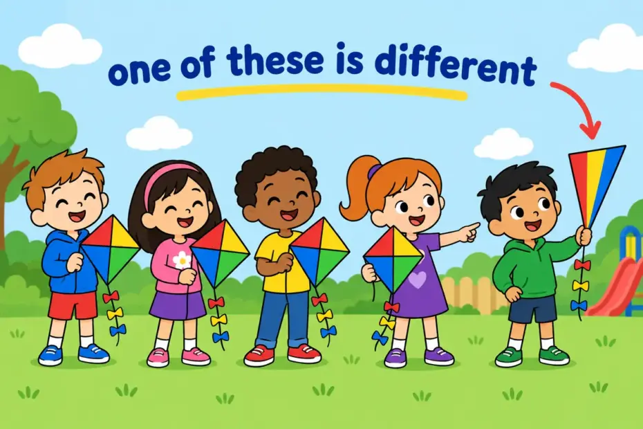 Cartoon children hold identical kites beside one oddly shaped kite, showing atypical in a sentence as not matching the group.