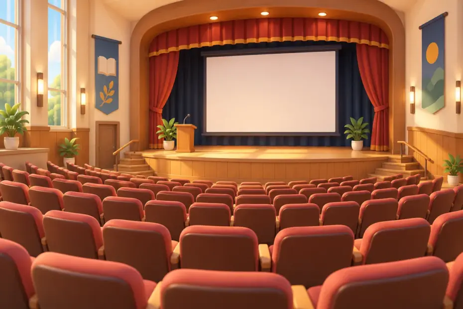Rows of seats face a small stage inside a bright school auditorium.