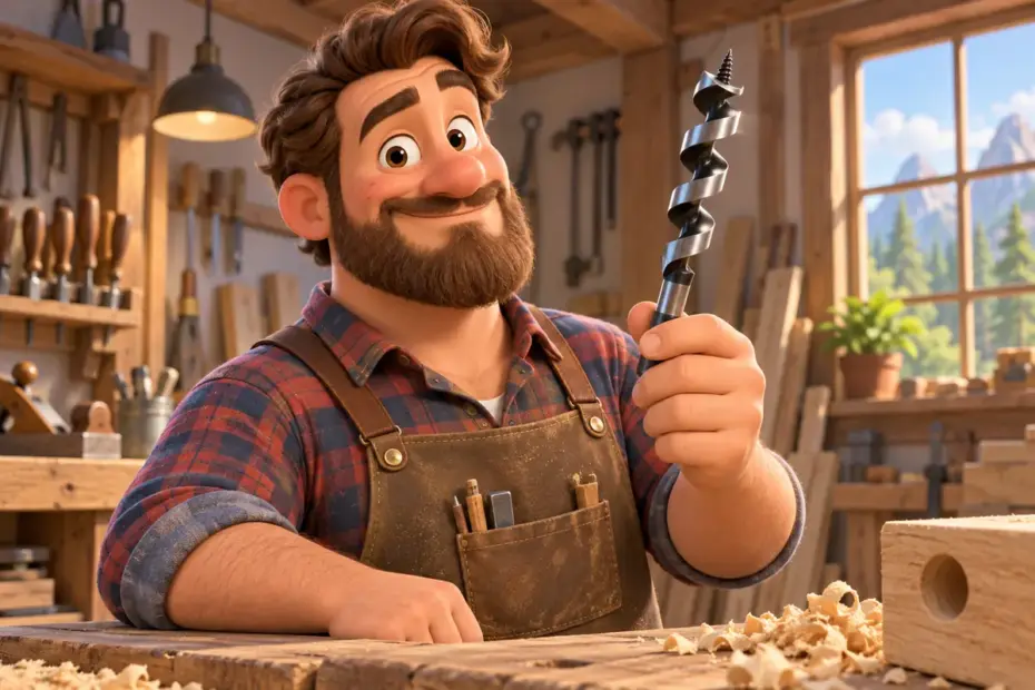 A carpenter holding a spiral auger bit.